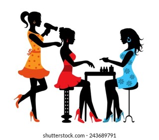 Woman in a beauty salon with a Manicurist and hairdresser 