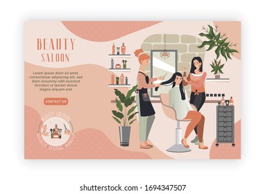 Woman in beauty salon, professional hairdresser and makeup artist people, vector illustration. Beautiful girl haircut styling, cosmetic salon customer. Happy cartoon characters in luxury beauty center
