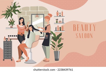 Woman in beauty salon, professional hairdresser and makeup artist people, vector illustration