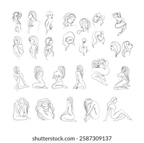 Woman beauty set abstract silhouette, young fashion girl, modern abstract line women poster, continuous line drawing, tattoo, logo design for spa beauty salon, card, isolated vector illustration.