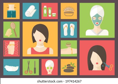 Woman in a beauty and spa salon. Facial, body and hair care illustration. Beauty and spa procedures made in flat design. Vector icons set.