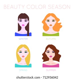 Woman beauty styles according to seasons of the year. Color schemes for woman make up. Summer, fall, winter and spring beauty color schemes. Vector illustration eps 10