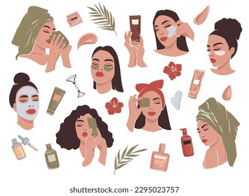 Woman Beauty Vector Set. Skincare Routine. Beautiful Girls with Face Mask, Eye Patches. Cream, Massage Gua Sha and Drinking Morning Coffee. Cosmetic Collection.