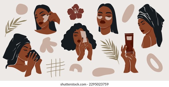 Woman Beauty Vector Set. Skincare Routine. Beautiful Girls with Black Skin. Female Hands, Eye Patches. Cream, Massage Gua Sha and Drinking Morning Coffee. Modern Collection.