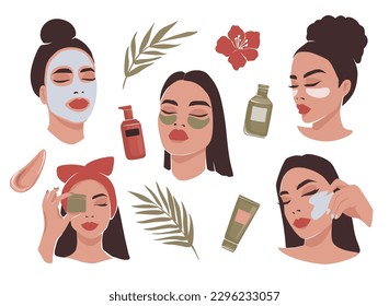 Beauty-Vektorset für Frauen. Hautpflegeroutine. Schöne Mädchen mit Gesichtsmaske, Augenpflaster. Creme, Massage Gua Sha und Trinken Morgenkaffee. Kosmetische Kollektion.