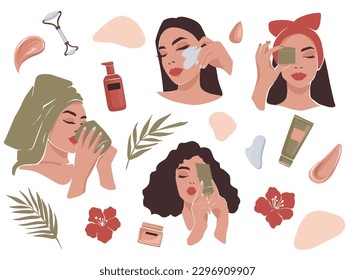 Woman Beauty Vector Set. Skincare Routine. Beautiful Girls with Face Mask, Eye Patches. Cream, Massage Gua Sha and Drinking Morning Coffee. Cosmetic Collection.