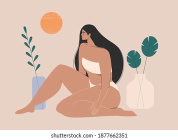 Woman beauty, wellness, feminine concept. Trendy abstract illustration of a woman with a beautiful body in swimsuit sitting and sunbathing. Isolated flat vector art for cosmetics, beauty products