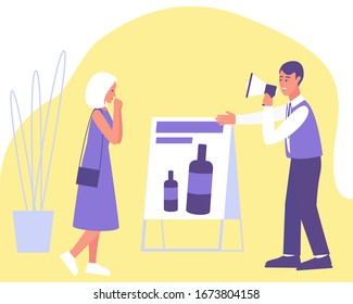 A woman became interested in advertising a cosmetic product. The advertiser encourages buyers to familiarize themselves with the product. Business advertisement concept. Flat vector illustration.
