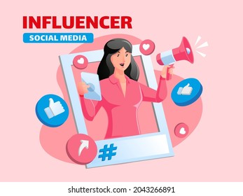 Woman become a influencer follow social media with megaphone