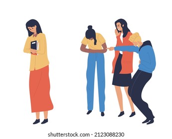 
a woman becomes a victim of humiliation from people, becomes the subject of bullying in the office or campus, gossip, women look unhappy because of ridicule, flat vector isolated on white background