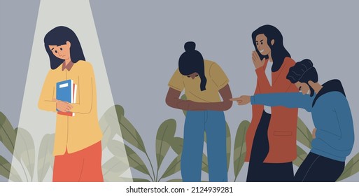 a woman becomes a victim of humiliation from people, becomes the subject of bullying in the office or campus, gossip, women in spotlight effect, flat vector isolated on white background