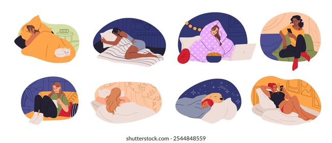 Woman in bed. Girl sleeping with dogs or cats. Happy character in bedroom. Person watching laptop and phone. Night relax. Sweet dream. Reading book. Female lying under blanket. Vector concepts set