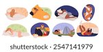 Woman in bed. Girl sleeping positions. Happy character in bedroom. Person watching laptop or phone. Night relax. Sweet dream of happiness. Reading book. Female lying under blanket. Vector concepts set