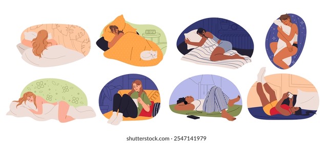 Mulher na cama. Posições de dormir de meninas. Personagem feliz no quarto. Pessoa assistindo laptop ou telefone. Relaxe à noite. Doce sonho de felicidade. Lendo livro. Mulher deitada debaixo do cobertor. Conjunto de conceitos vetoriais