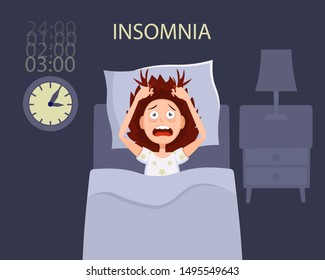 A woman in bed with open eyes suffers from insomnia, nightmare, disorder symptoms. Flat cartoon vector illustration.  