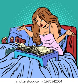 mujer en cama leyendo un libro. Dibujo cómico de arte poro vector kitsch vintage