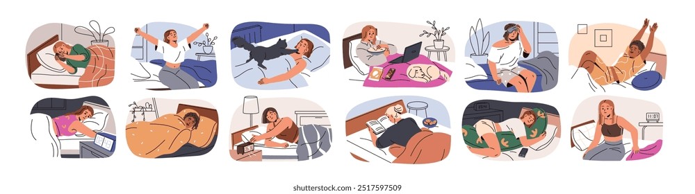 Woman in bed set, asleep, eating, phone watching. Good bad dream, relaxed and exhausted sleepless girls. Insomnia at night, waking up in morning. Flat vector illustration isolated on white background