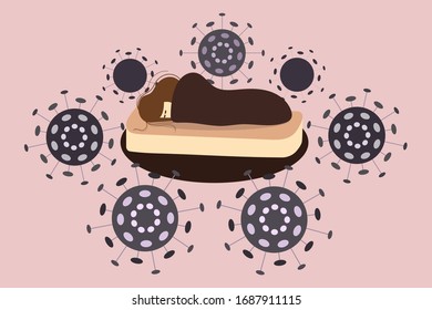 Woman in bed surrounded by epidemic of corona virus, pneumonia. The country introduced quarantine of COVID-19, 2019-nCoV. Stay at home so as not to get infected. Vector flat cartoon illustration.