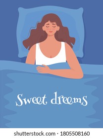 Woman in bed. Sweet dreams concept. Cute vector illustration in cartoon flat style