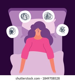 woman in bed thinking in problems suffering from insomnia character vector illustration design
