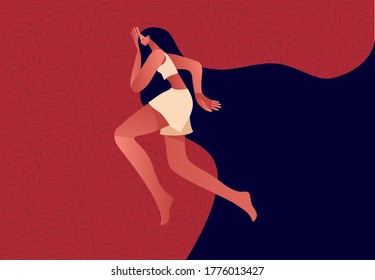 Woman in the bed, trying to fall asleep. Problem of insomnia, sleeplessness, sleep disorder, nightmare. Vector illustration in flat cartoon style. Vector illustration