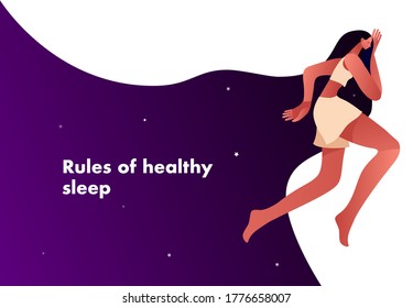 Woman in the bed, trying to fall asleep. Rules of healthy sleep type. Problem of insomnia, sleeplessness, sleep disorder, nightmare. Vector illustration in flat cartoon style. Vector illustration