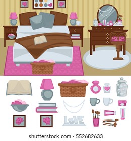 Woman bedroom interior with furniture. Room with bed and boudoir, table and mirror, chair and lamp. Pink bedroom girl design. Flat style. Vector illustration