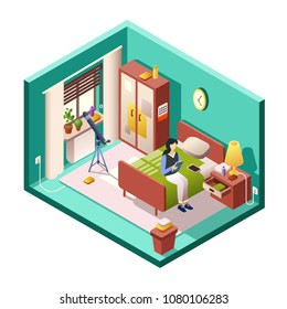 Woman bedroom isometric vector illustration of modern small room interior with furniture in cross section. Isometric bedroom and girl sitting on bed reading book, wardrobe and telescope at window