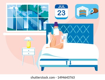 Woman In Bedroom, Reading Bedside Book Before Falling Asleep, Having Herbal Tea Or Warm Milk, Lying On Comfortable Bed. July, 23, Time To Turn Coir Layer Mattress Over From Winter Side To Summer One.