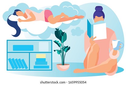 Woman in Bedroom with Shelving and Monstera Plant, Reading Bedside Book about Woman, Sleeping Soundly on Mattress Soft Like White Fluffy Cloud, before Falling Asleep, Having Herbal Tea or Warm Milk.