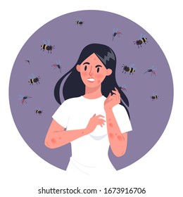 Woman with bee allergy. Red and itchy skin. Allergic reaction to bee sting. Hypersensitivity to wasps, hornets and bees bites. Isolated vector illustration in cartoon style