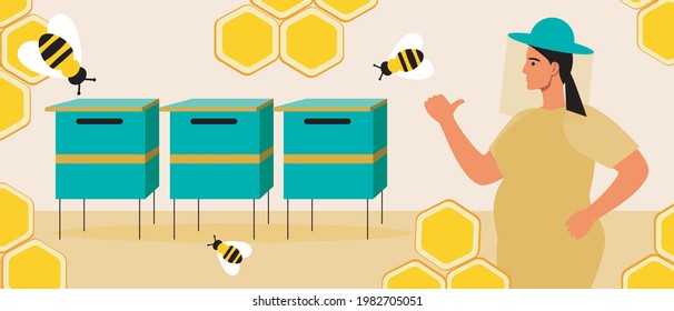 Woman beekeeper at the apiary. Flat vector stock illustration. Bee house with honeycombs. Farm work beekeeping. Woman in the garden. Honey production. Vector graphics