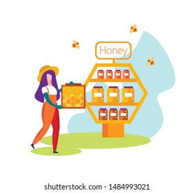 Woman Beekeeper or Farmer in Uniform Carry Honeycombs Frame with Bees Flying around to Stall with Honey Production Jars Isolated on White Background, Eco Food Store, Cartoon Flat Vector Illustration