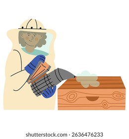 Woman beekeeping in a protective suit, holding a smoker tool for hive. Flat  illustration of a female beekeeper caring for bees. Concept of sustainable agriculture, eco lifestyle, and nature care.