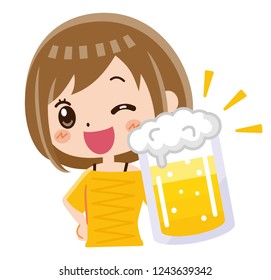 A woman with a beer.