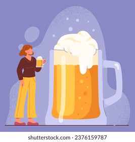 Woman with beer concept. Young girl near large glass with alcoholic drink with foam. Oktoberfest, traditional German festival. Greeting postcard design. Cartoon flat vector illustration