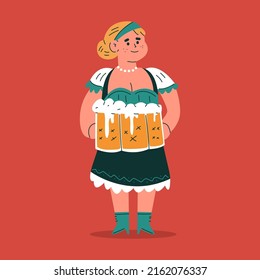 Woman with beer mugs in national german costume vector cartoon Oktoberfest character isolated on background.