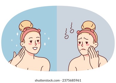 Woman before and after beauty face procedures. Unhappy female satisfied with cosmetology treatment result. Vector illustration.