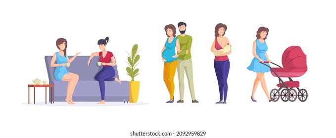 Woman before and after childbirth set. Stage of female life cycle meeting friend, pregnancy marriage, breastfeeding baby infant, walking with stroller. People growing up family develop flat vector