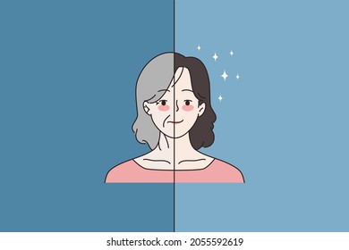 Woman before and after cosmetic facial surgery or beauty procedures. Female good face results after botox injections. Facelift rejuvenation, cosmetology concept. Cartoon flat vector illustration.