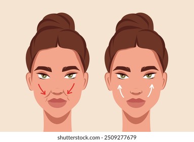 Mulher antes e depois da massagem facial. Dobras nasolabiais e problemas relacionados à idade. Modelo de vetor para publicidade, site, banner, cartazes, capa