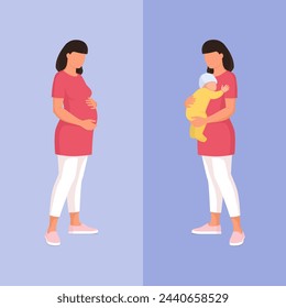 Woman before and after giving birth: motherhood concept