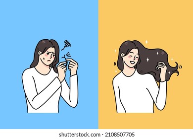 Woman Before And After Good Quality Hair Salon Treatment. Girl With Split Ends Get Saloon Keratin Procedure Smoothing And Rejuvenation Procedure. Beauty And Cosmetic. Vector Illustration. 