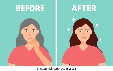 Woman before and after grey hair dye in flat design. Aging grey hair dying concept.