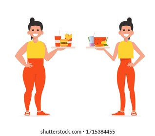 Woman before and after losing weight. Proper nutrition concept. Vector flat isolated on white.