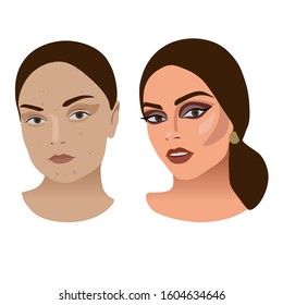 Woman before and after makeup. Beautiful girl with and without maquillage. Vector illustration. 