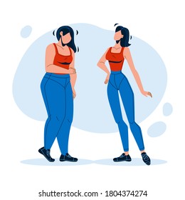 Woman Before And After Sportive Exercise Vector. Young Girl Figure Before And After Weight Loss Diet, Overweight Treatment. Character Lady From Fat To Slim Body Flat Cartoon Illustration