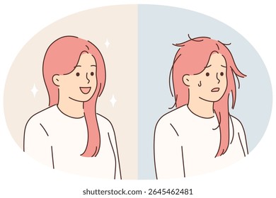 Mulher antes e depois de usar xampu de cabelo cosmético de qualidade ou ir ao cabeleireiro. Garota salsicha tornou-se bonita e bem tratada após o procedimento cosmético feito por cabeleireiro e estilista