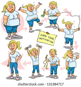 Woman before and after weight loss program. Hand drawn funny cartoon characters, sketch, isolated