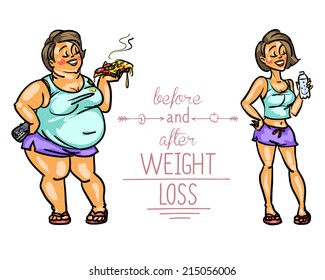 Woman before and after weight loss. Cartoon funny characters